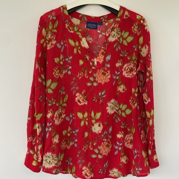 Pendleton Red Floral 100% Cotton Roll Tab Sleeve Blouse Top Cottagecore Medium - Picture 11 of 14